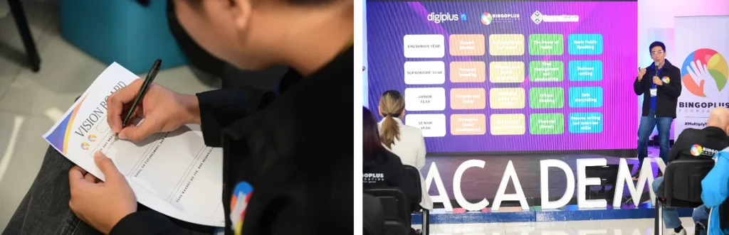 A scholar fills in a Vision Board worksheet, and a speaker presents the four-year learning plan beside an Academy sign