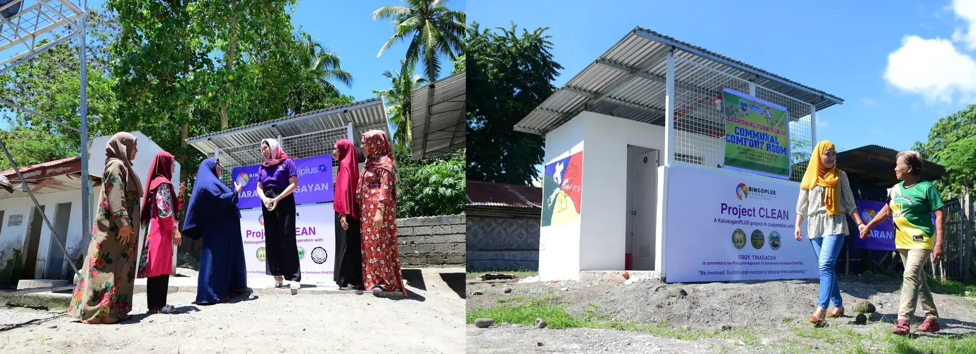 Community members and a resident at new Project CLEAN communal comfort rooms built by BingoPlus Foundation