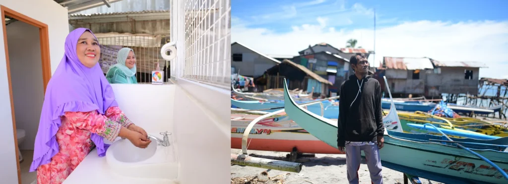 A woman washes her hands at a new sink, and a fisherman stands among outrigger boats in a coastal community