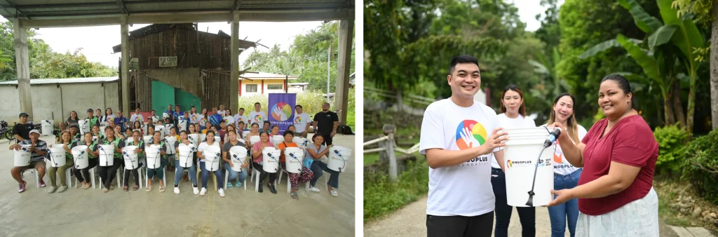 Dumanjug residents hold water filter buckets, and a BingoPlus Foundation volunteer hands a filter bucket to a resident