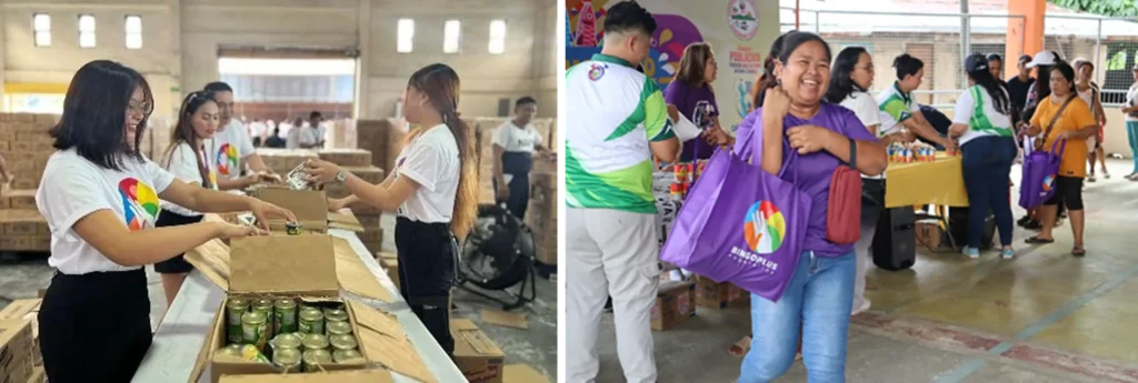Volunteers pack canned goods into relief boxes, and a smiling woman carries a BingoPlus Foundation relief bag