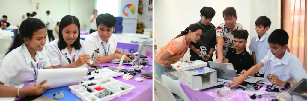 Students from Cadiz City schools assemble robotics kits and program them on laptops at the workshop