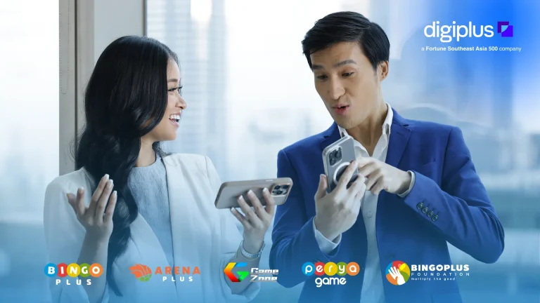 Two professionals react to their phones in a DigiPlus key visual with BingoPlus, ArenaPlus, GameZone and Perya Game logos