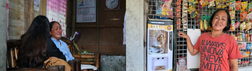 Two Typhoon Kristine-affected mothers: one in tears at home, another beside a coffee vending machine at her sari-sari store