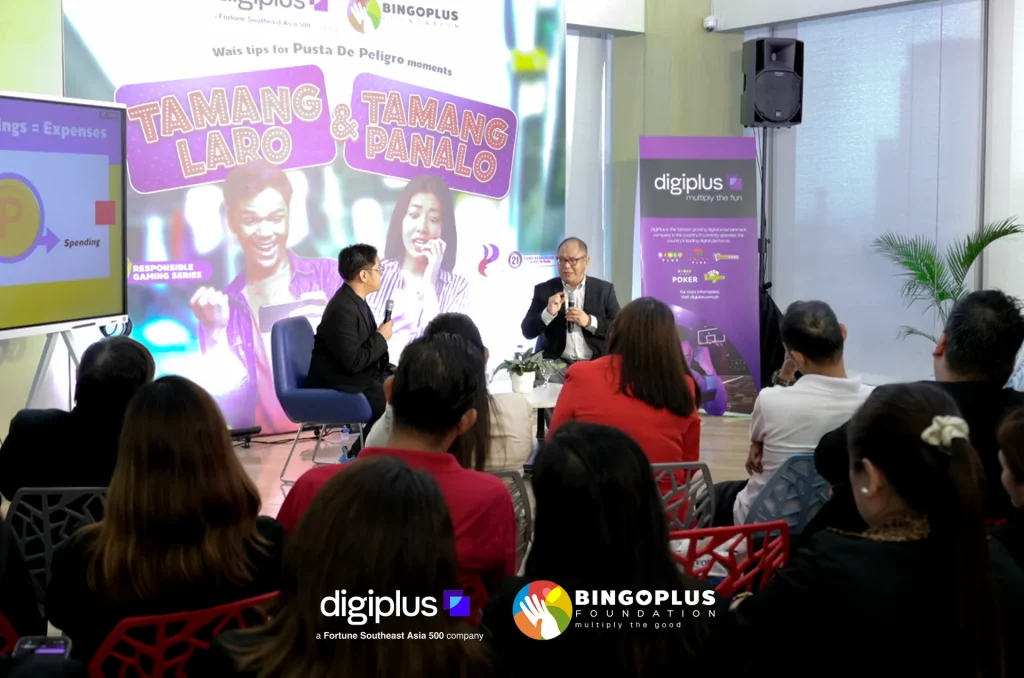 Panel discussion at a DigiPlus and BingoPlus Foundation forum under a Tamang Laro & Tamang Panalo responsible gaming banner