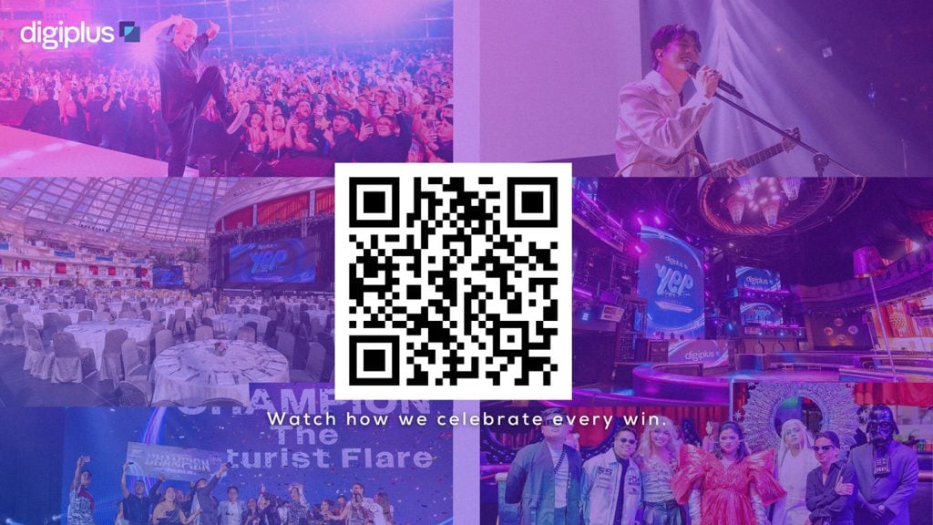 Collage of DigiPlus concerts, stage shows and year-end party scenes, Watch how we celebrate every win, with a QR code to watch the video