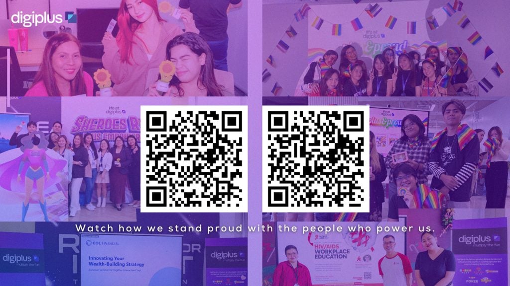 DigiPlus Pride and women's events, Watch how we stand proud with the people who power us, with QR codes to watch the video