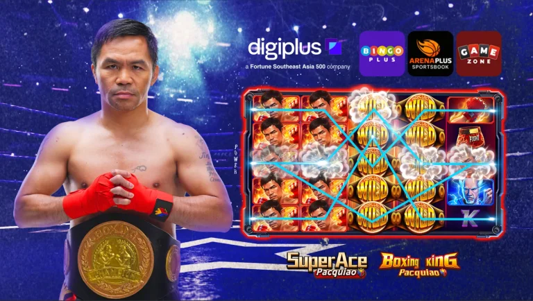 Manny Pacquiao with a championship belt beside a slot game screen and the Super Ace Pacquiao and Boxing King Pacquiao logos