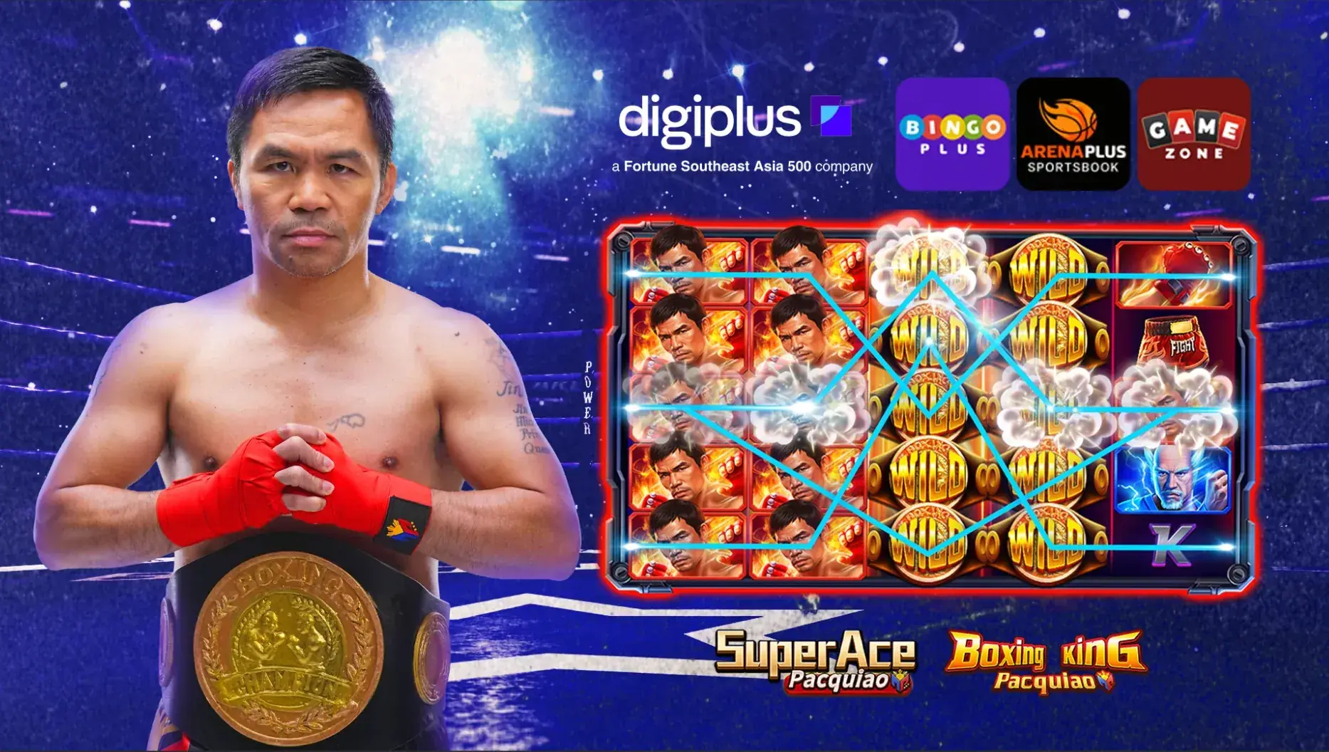 Manny Pacquiao with a championship belt beside a slot game screen and the Super Ace Pacquiao and Boxing King Pacquiao logos