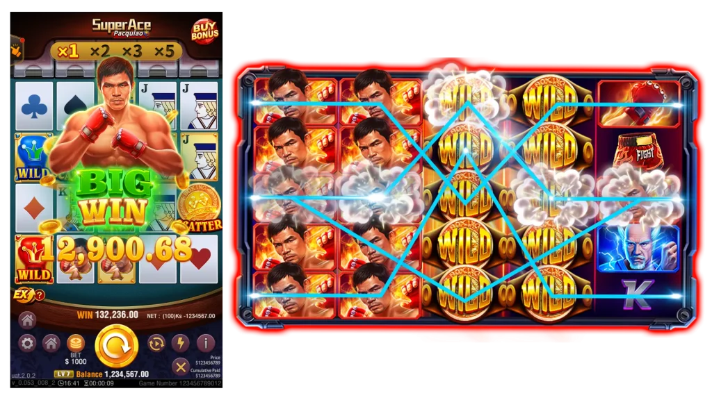 Super Ace Pacquiao and Boxing King Pacquiao game interfaces, showing a big win screen and a reel of wild symbols