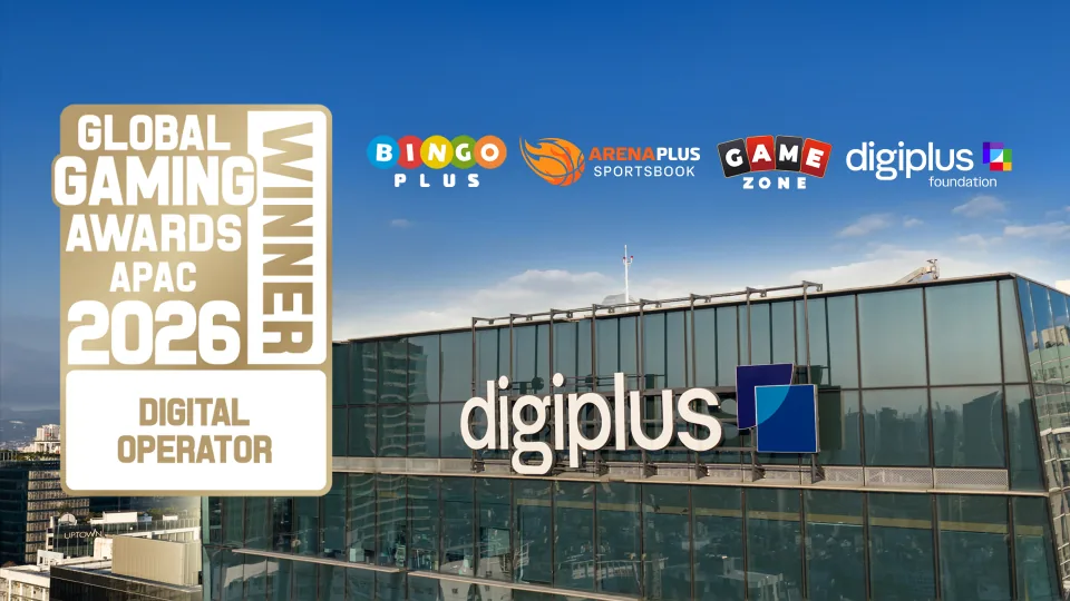 Global Gaming Awards APAC 2026 Winner, Digital Operator badge beside the DigiPlus headquarters and brand logos