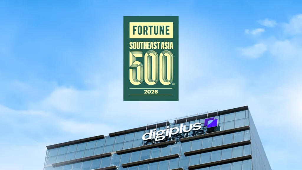 Fortune Southeast Asia 500 2026 badge above the DigiPlus headquarters building