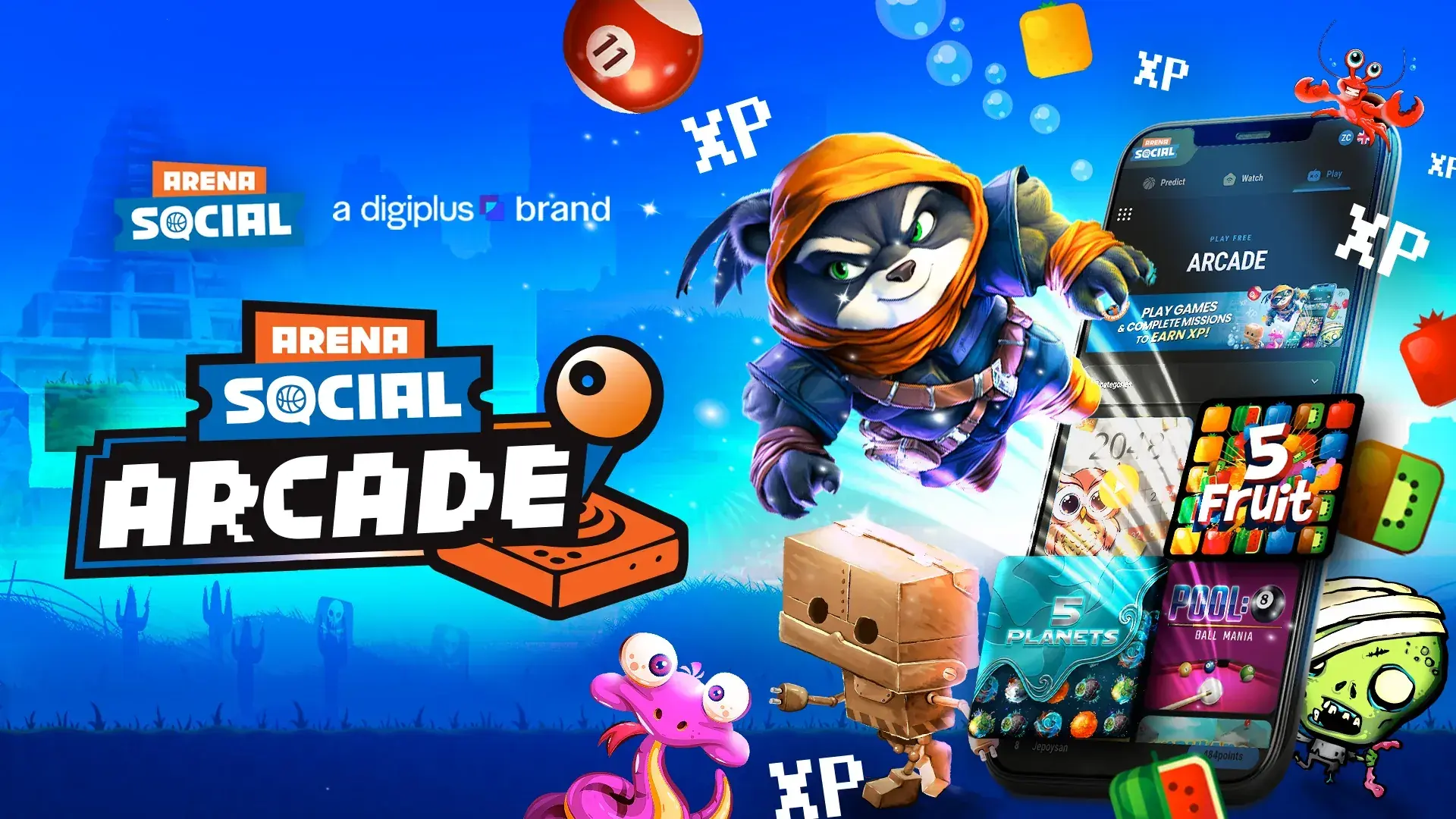 Key visual: ArenaSocial Arcade, a DigiPlus brand, with game characters around a phone showing the arcade