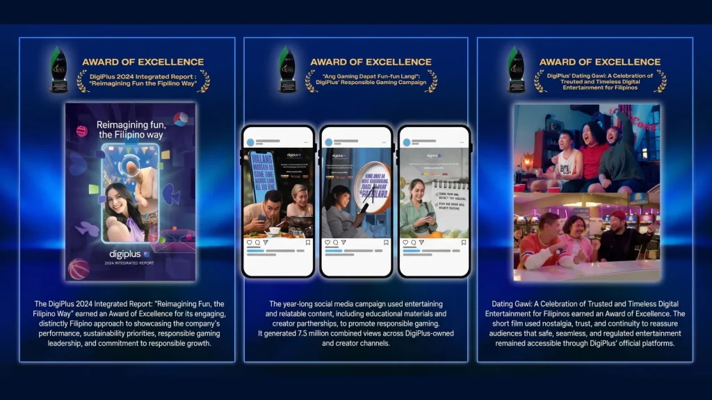 Three Award of Excellence panels: the 2024 Integrated Report, a responsible gaming campaign and the Dating Gawi film