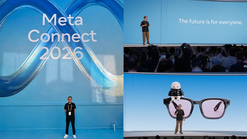 A DigiPlus delegate before the Meta Connect 2026 wall, beside keynote stage shots: The future is for everyone